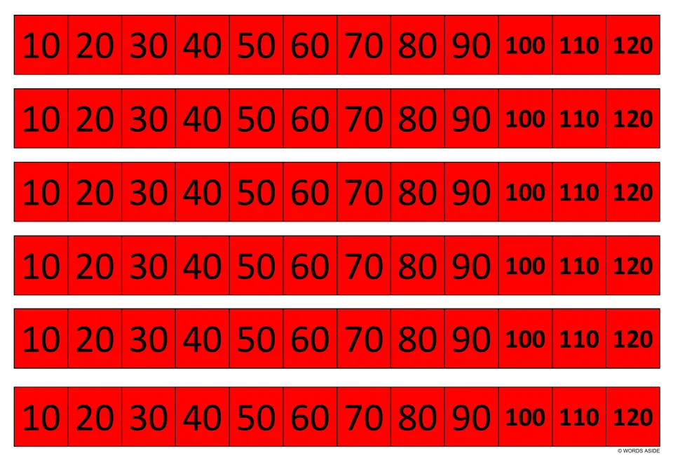 Red skip-count-by-10 strips, six per page, each listing 10, 20, 30, 40, 50, 60, 70, 80, 90, 100, 110 and 120