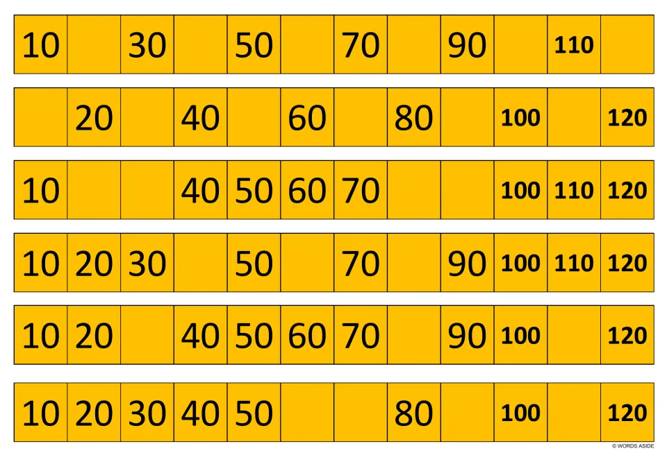 Orange tens strips: students write the absent numbers in six rows to 120, including 10, 20, 30, _, 50, _, 70, _, 90