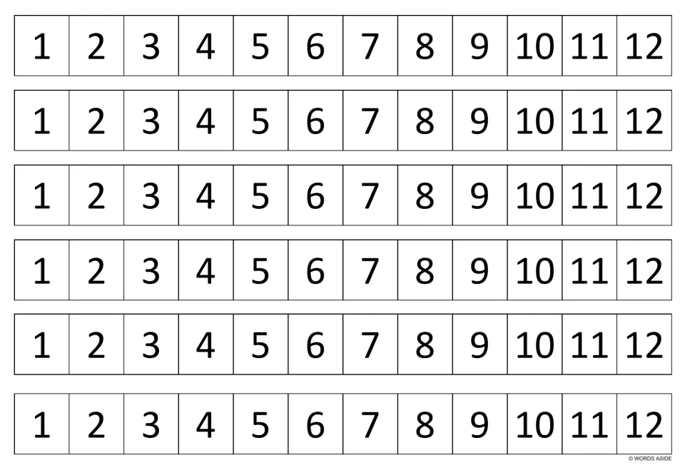 Black-and-white number strips for multiplication facts practice; six identical strips each show the numbers 1–12.