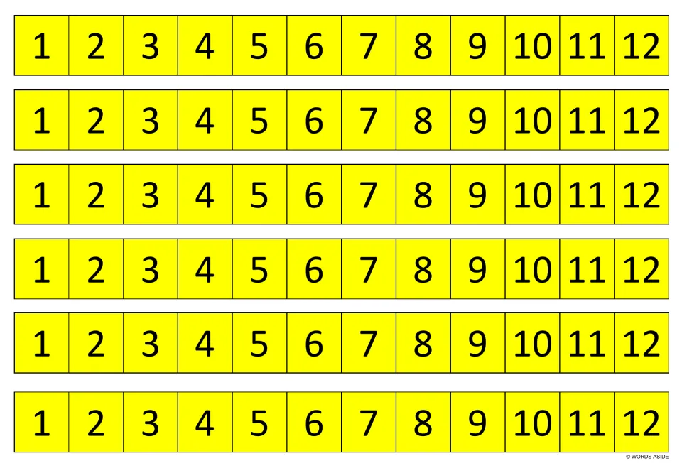 Yellow number strips for multiplication facts practice; six identical strips each show the numbers 1–12.