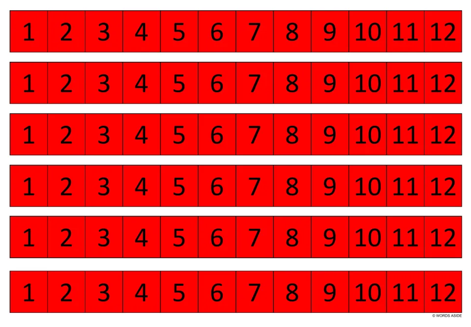 Red number strips for multiplication facts practice; six identical strips each show the numbers 1–12.