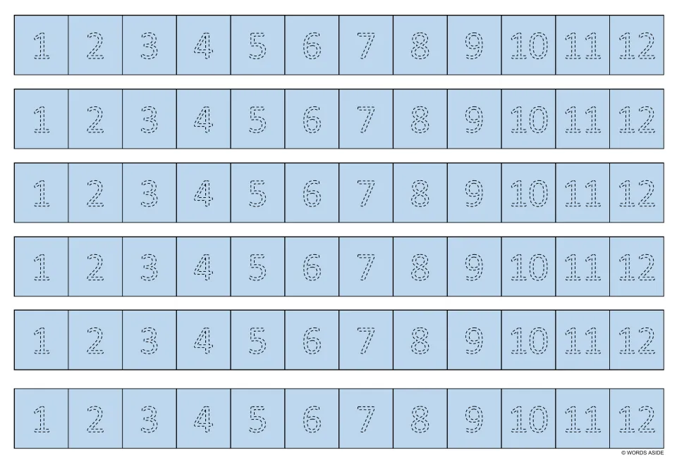 Light blue sheet of six number-tracing strips, each repeating the numbers 1–12 in dotted numerals