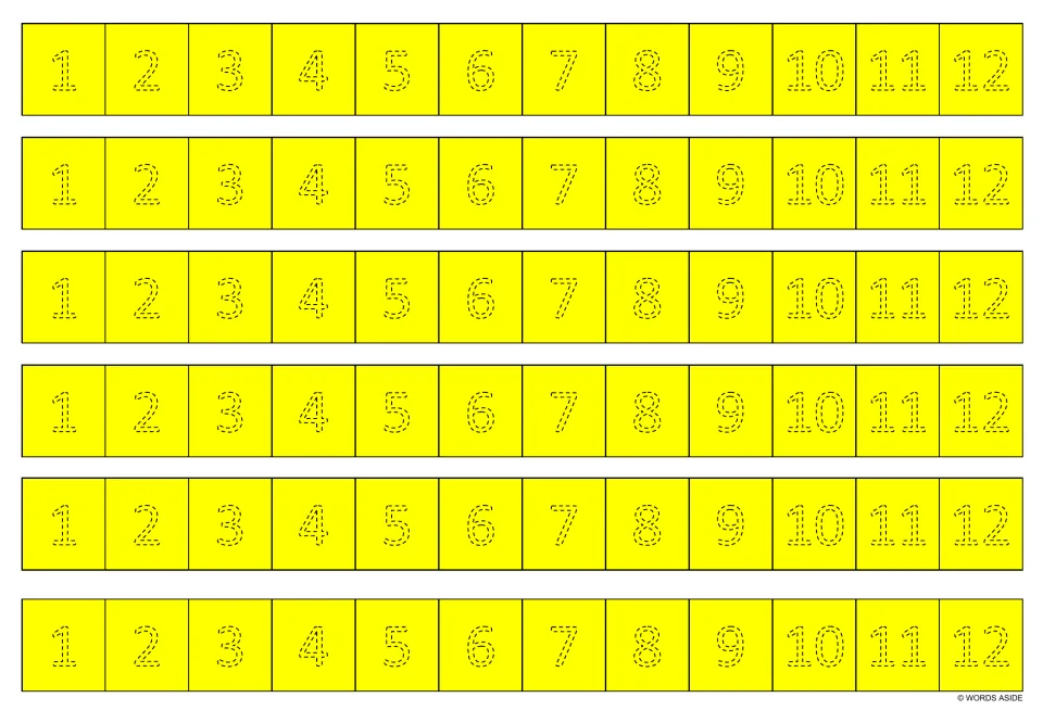 Yellow sheet of six number-tracing strips, each repeating the numbers 1–12 in dotted numerals