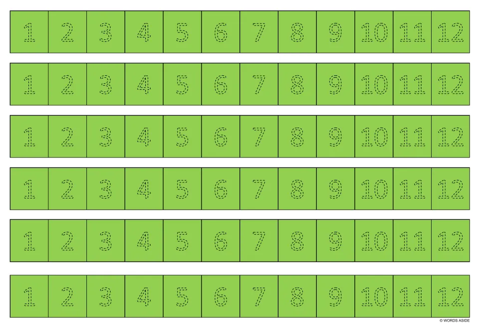Green sheet of six number-tracing strips, each repeating the numbers 1–12 in dotted numerals