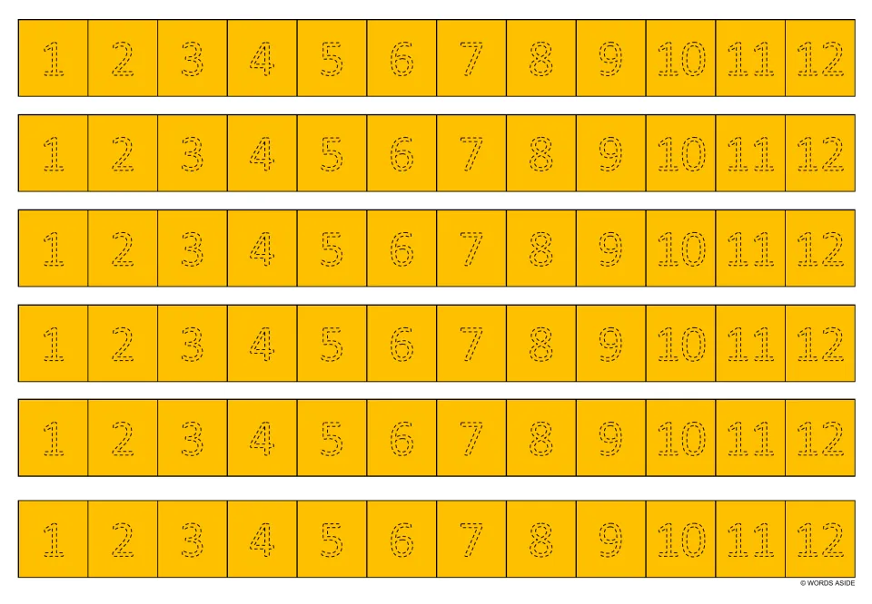 Golden yellow sheet of six number-tracing strips, each repeating the numbers 1–12 in dotted numerals