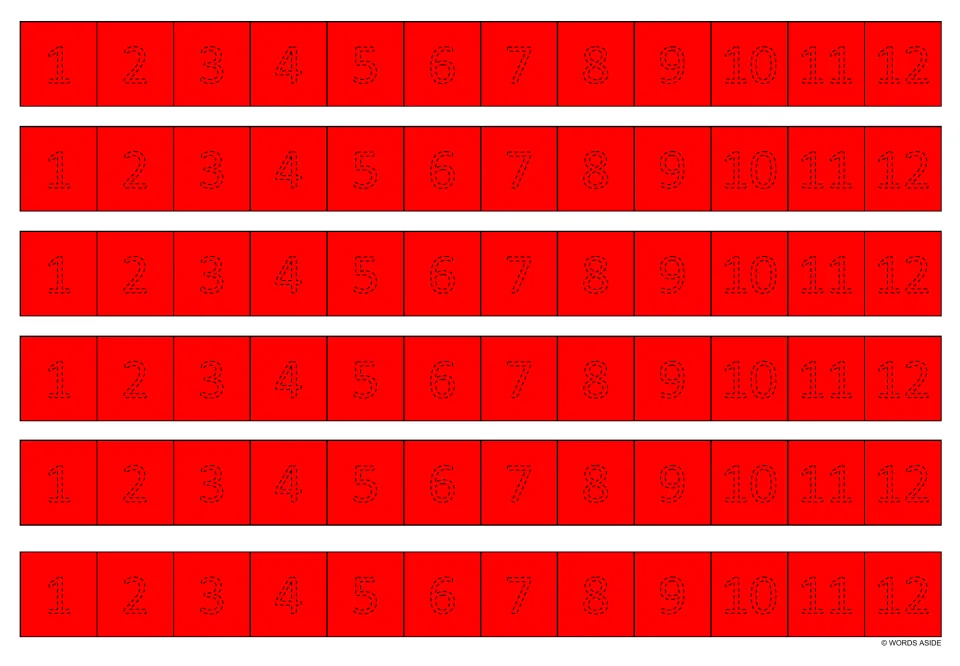 Red sheet of six number-tracing strips, each repeating the numbers 1–12 in dotted numerals