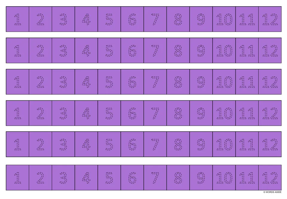 Purple sheet of six number-tracing strips, each repeating the numbers 1–12 in dotted numerals