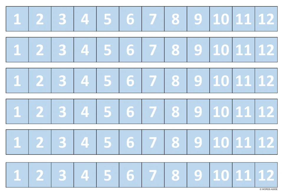 Multiplication facts strips in light blue: six strips each numbered 1 to 12 in white, for writing facts for each factor