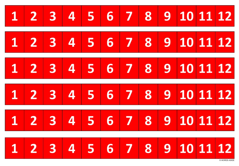 Red multiplication facts number strips: six strips each running 1 to 12, for students to record the products of each fact