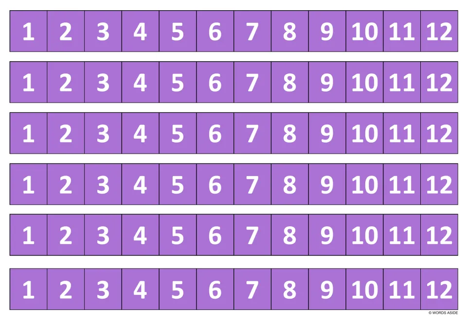 Purple strips of numbers 1 to 12 for multiplication facts: six copies per page for writing each times table in order