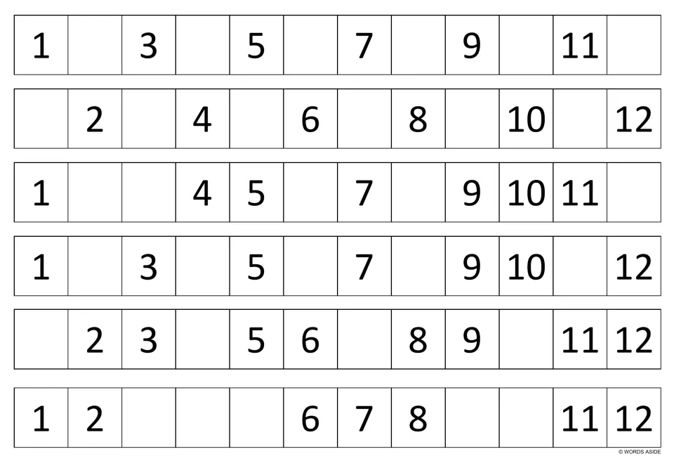 Black-and-white practice strips 1–6 use numbers 1–12, with odd, even, and mixed numbers left to fill in.