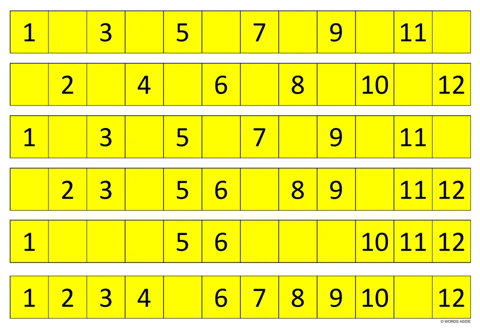 Yellow practice strips 13–18 use numbers 1–12; the final strip leaves only 5 and 11 missing from the sequence.