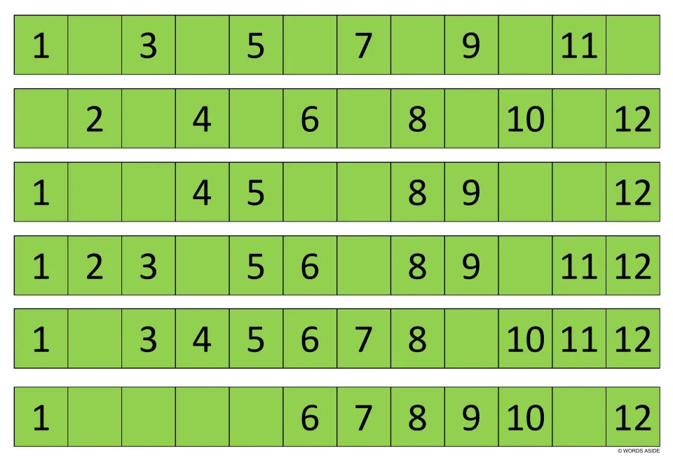 Green practice strips 19–24 use numbers 1–12; the fifth strip leaves only 2 and 9 missing from the sequence.