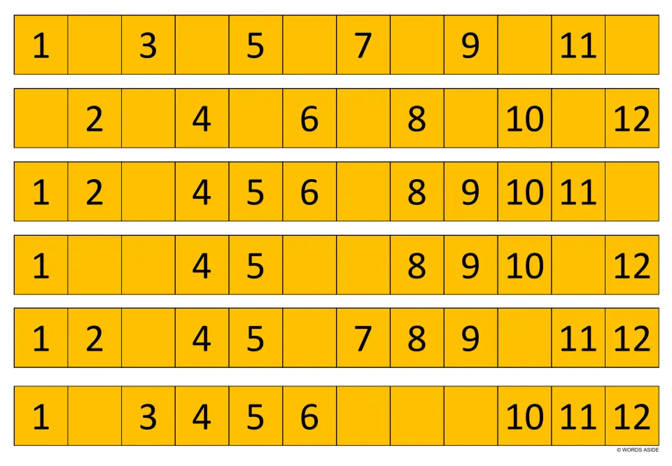 Orange practice strips 25–30 use numbers 1–12; the third strip leaves 3, 7, and 12 missing from the sequence.