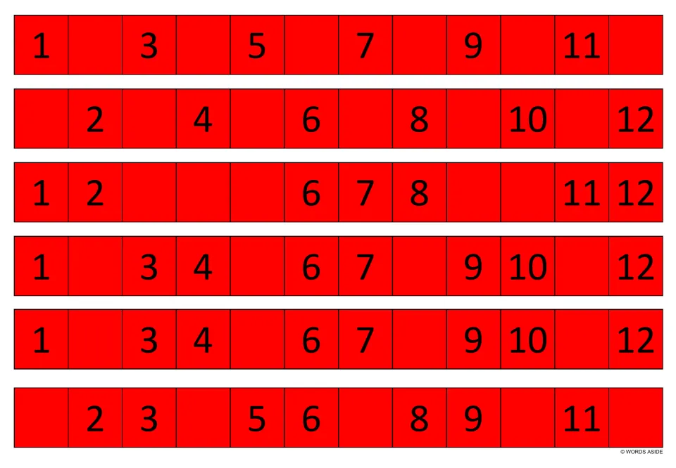 Red practice strips 31–36 use numbers 1–12; the fourth and fifth strips both leave 2, 5, 8, and 11 missing.