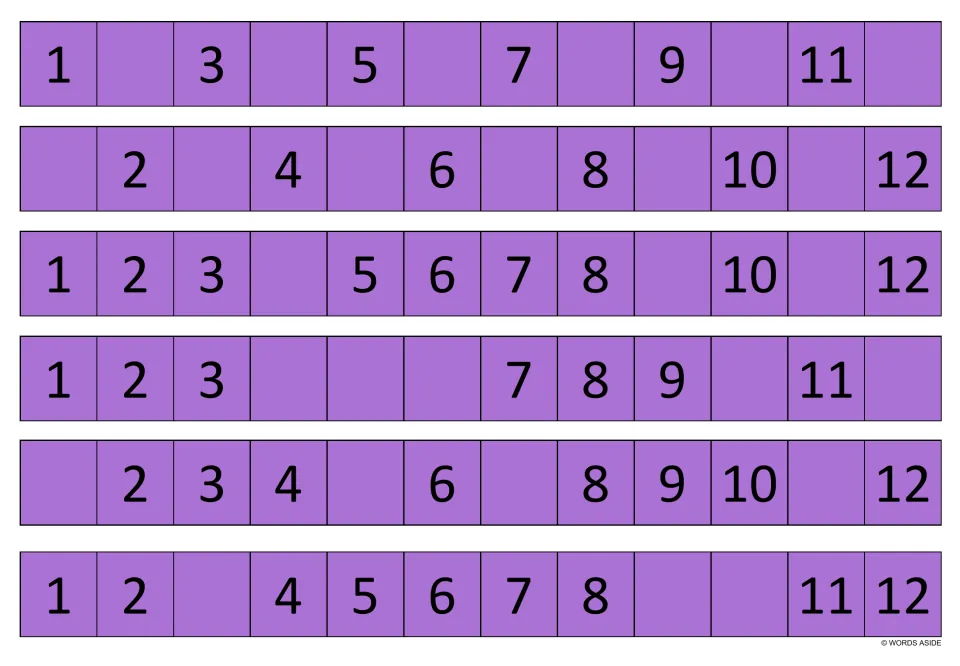 Purple practice strips 37–42 use numbers 1–12; the final strip leaves 3, 9, and 10 missing from the sequence.