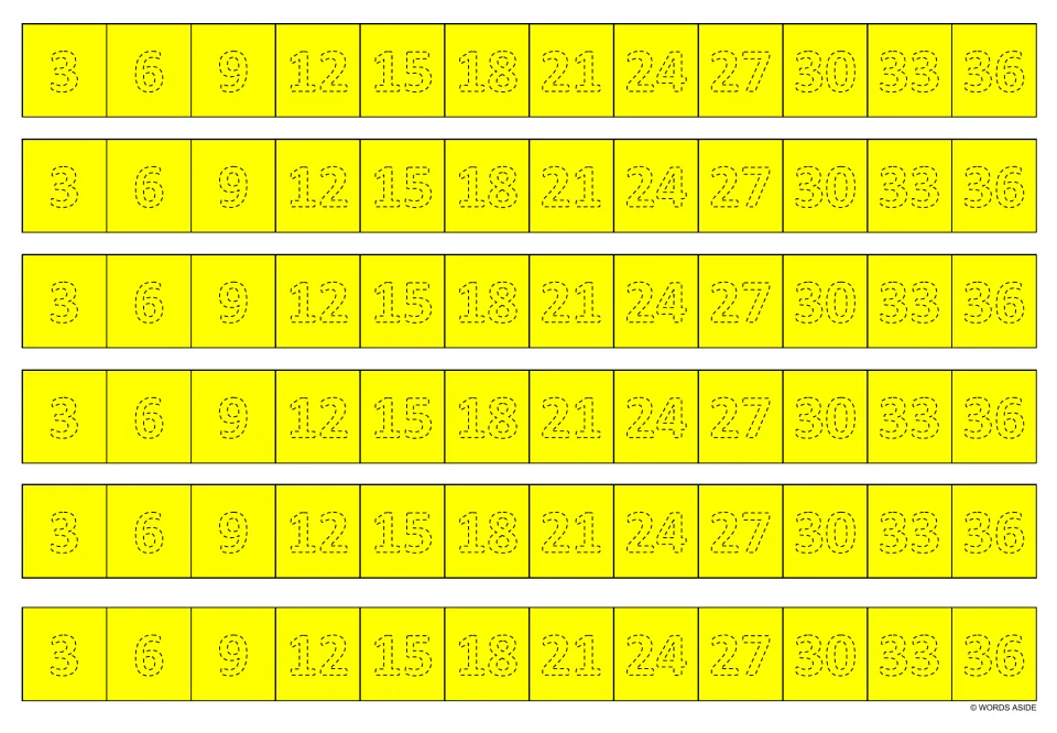 Multiplication writing strips in yellow: six copies of the multiples of 3 from 3 to 36 to trace.