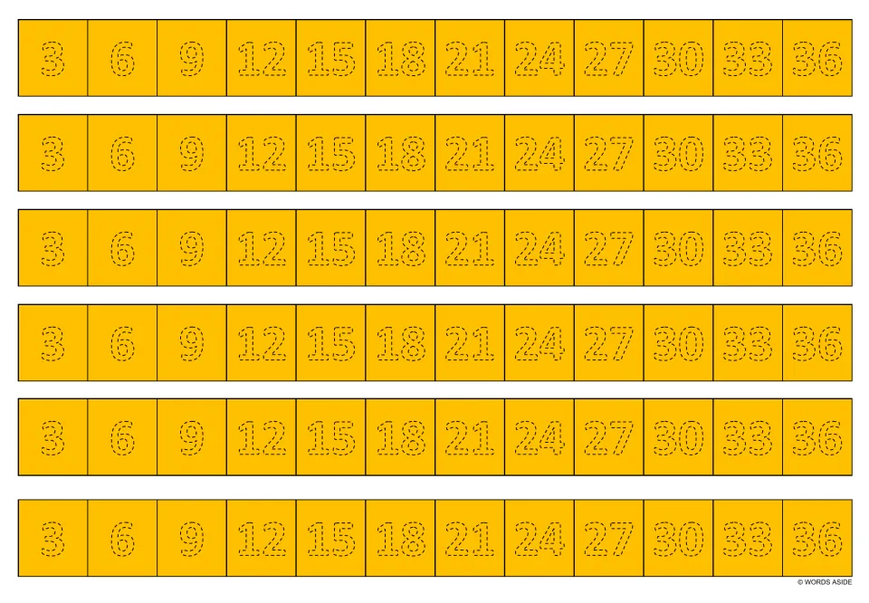 Multiplication writing strips in orange: six copies of the multiples of 3 from 3 to 36 to trace.