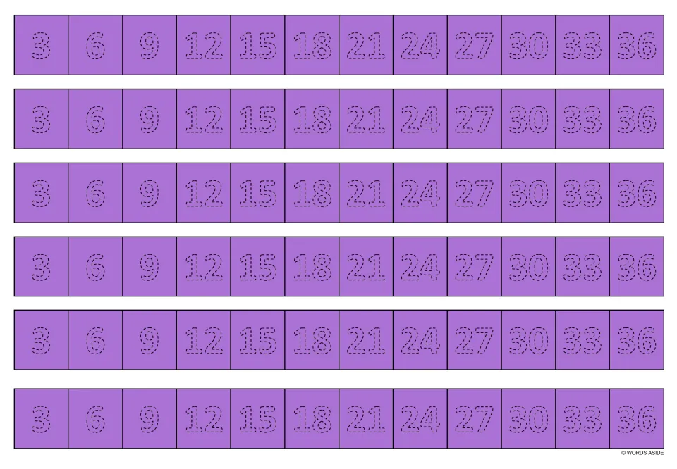 Multiplication writing strips in purple: six copies of the multiples of 3 from 3 to 36 to trace.