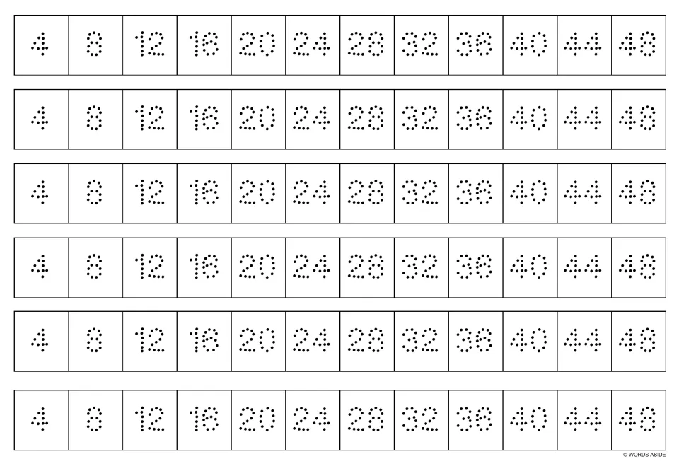 Black-and-white multiplication writing strips: six copies of dotted multiples of 4 from 4 through 48.