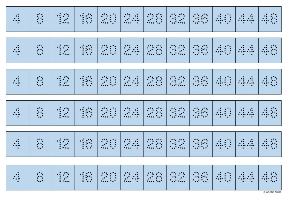 Light blue multiplication writing strips: six copies of dotted multiples of 4, from 4 through 48.