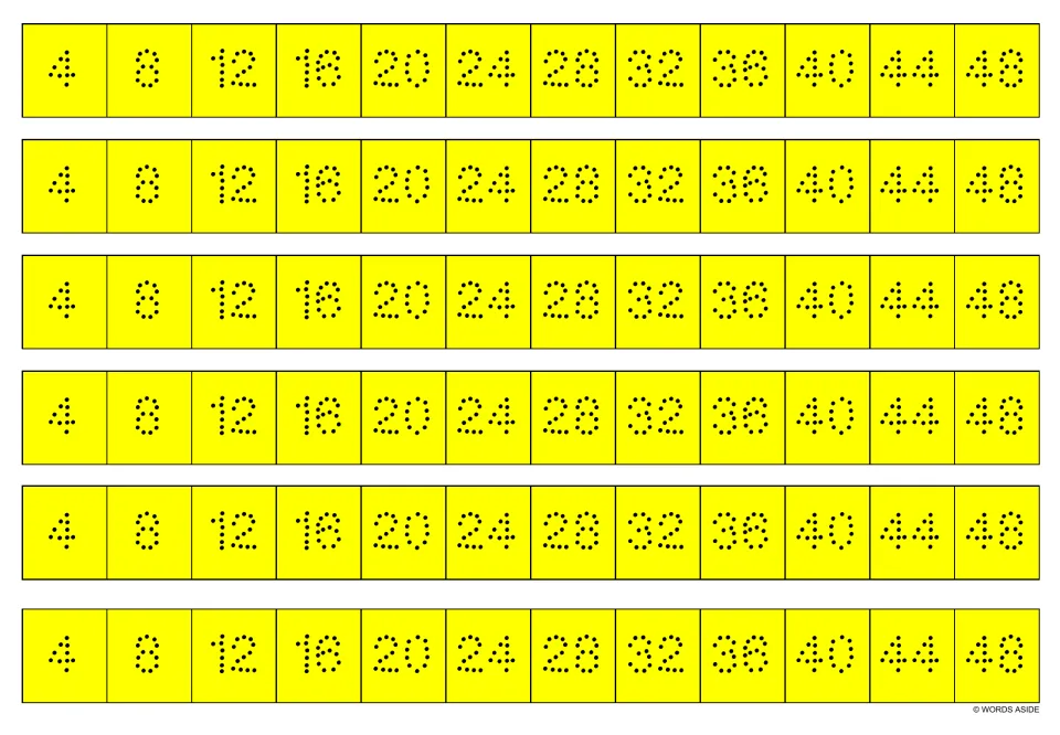 Yellow multiplication facts writing strips: six copies of dotted multiples of 4, from 4 through 48.
