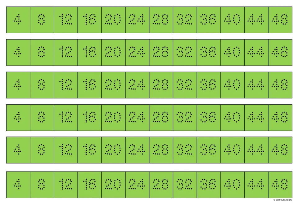 Green multiplication facts writing strips: six copies of dotted multiples of 4, from 4 through 48.