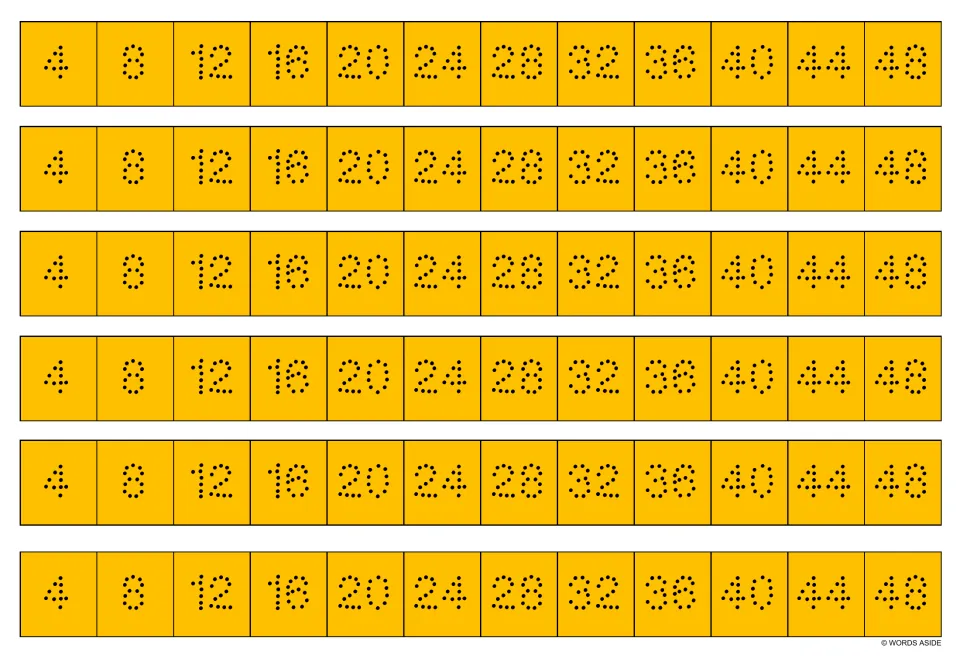Orange multiplication facts writing strips: six copies of dotted multiples of 4, from 4 through 48.