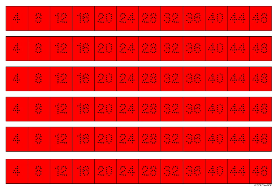Red multiplication facts writing strips: six copies of dotted multiples of 4, from 4 through 48.