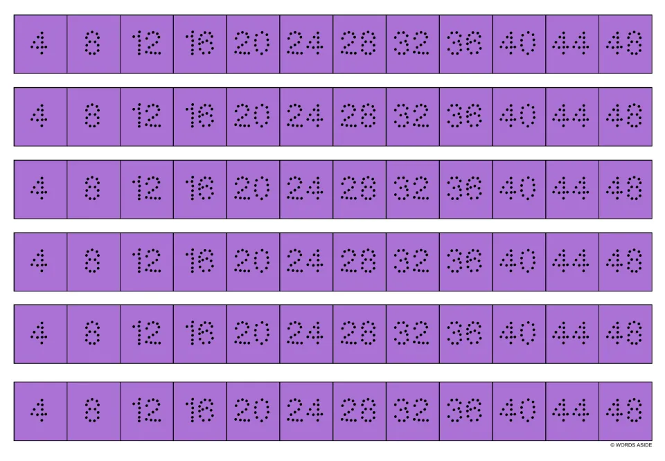 Purple multiplication facts writing strips: six copies of dotted multiples of 4, from 4 through 48.