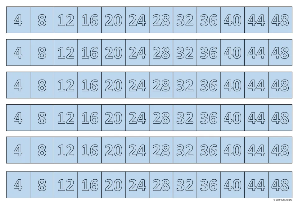 Light blue multiplication writing practice sheet: six identical strips showing multiples of 4 from 4 to 48.