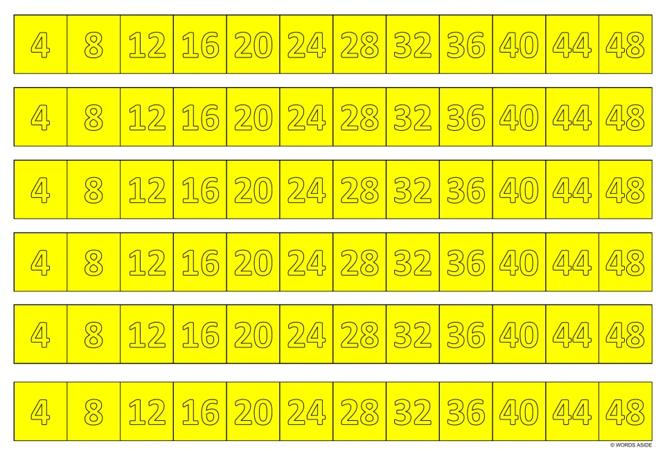 Yellow multiplication writing practice sheet: six identical strips showing multiples of 4 from 4 to 48.