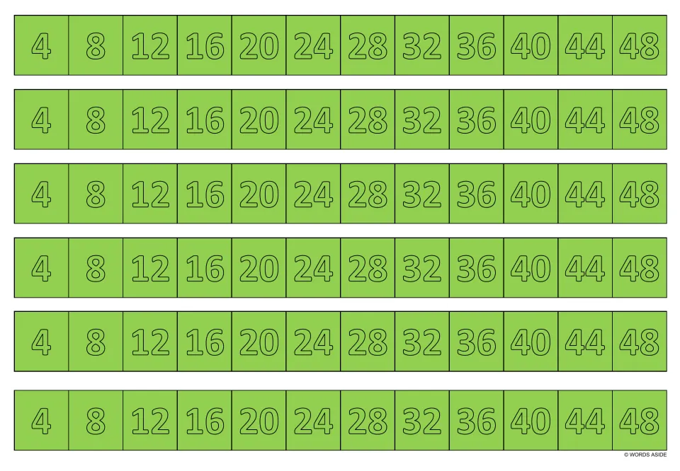 Green multiplication writing practice sheet: six identical strips showing multiples of 4 from 4 to 48.