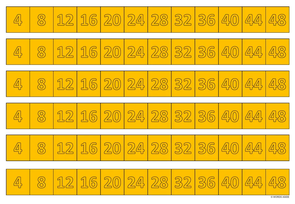 Orange multiplication writing practice sheet: six identical strips showing multiples of 4 from 4 to 48.