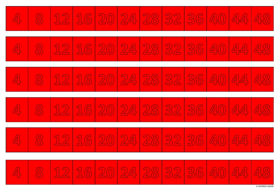 Red multiplication writing practice sheet: six identical strips showing multiples of 4 from 4 to 48.