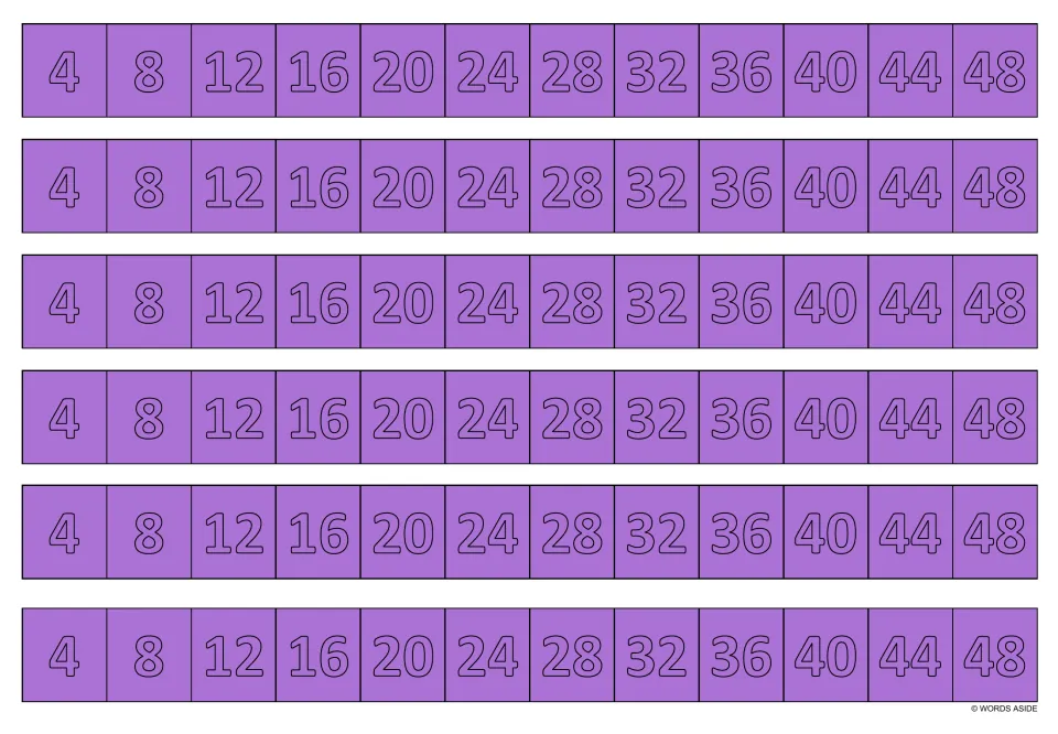 Purple multiplication writing practice sheet: six identical strips showing multiples of 4 from 4 to 48.