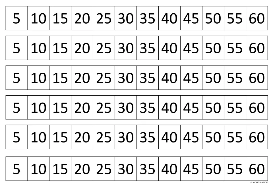 White multiplication practice strips: six identical strips showing multiples of 5 from 5 through 60.