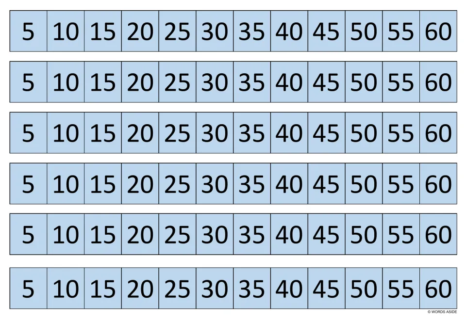 Light blue multiplication practice strips: six identical strips showing multiples of 5 from 5 through 60.