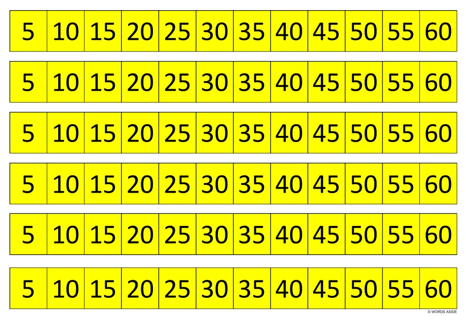 Yellow multiplication practice strips: six identical strips showing multiples of 5 from 5 through 60.