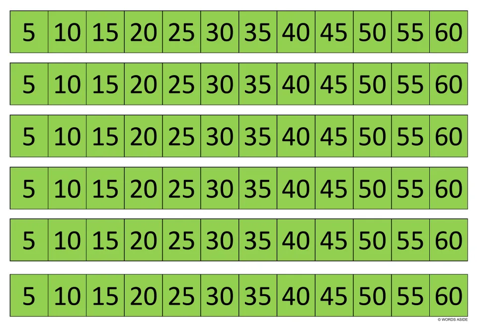 Green multiplication practice strips: six identical strips showing multiples of 5 from 5 through 60.