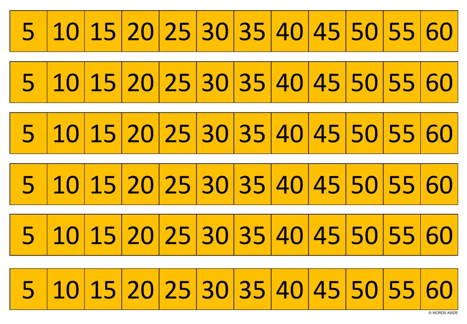 Orange multiplication practice strips: six identical strips showing multiples of 5 from 5 through 60.
