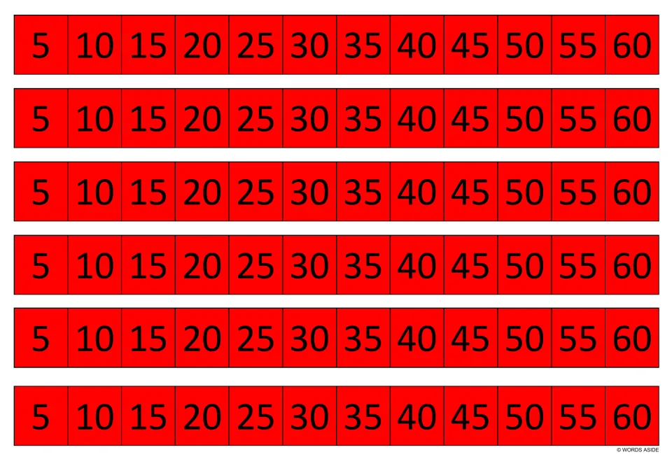 Red multiplication practice strips: six identical strips showing multiples of 5 from 5 through 60.