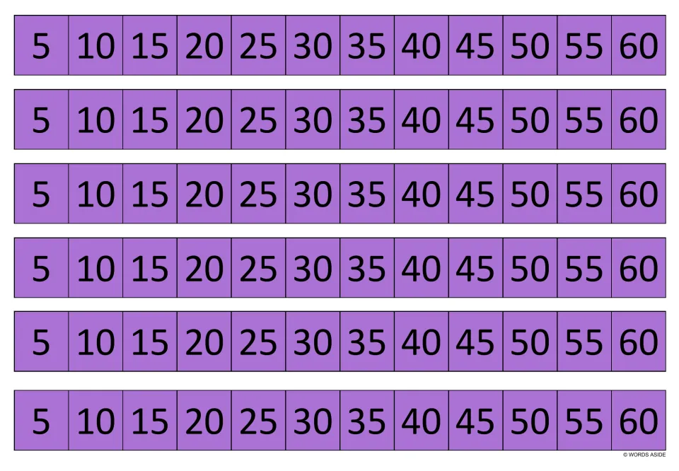 Purple multiplication practice strips: six identical strips showing multiples of 5 from 5 through 60.