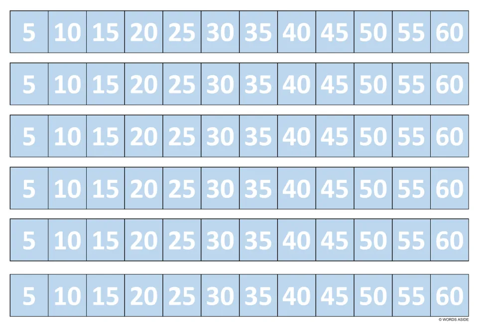 Multiples of 5 in light blue: six identical strips counting 5, 10, 15 up to 60 for skip-counting the 5 times table
