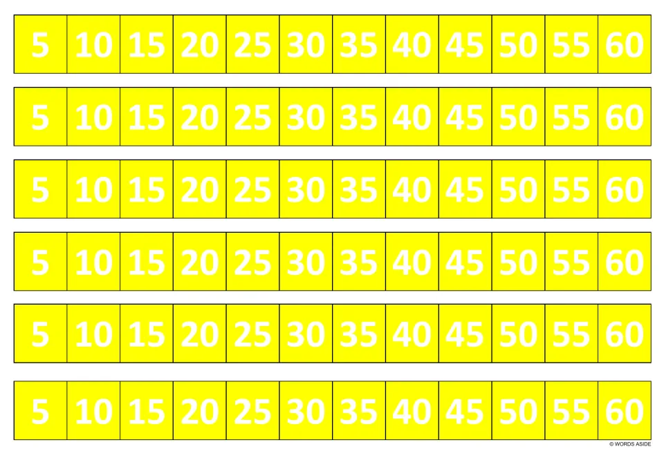 Multiples of 5 in yellow: six matching strips running 5, 10, 15 through 60 so students can skip count by fives