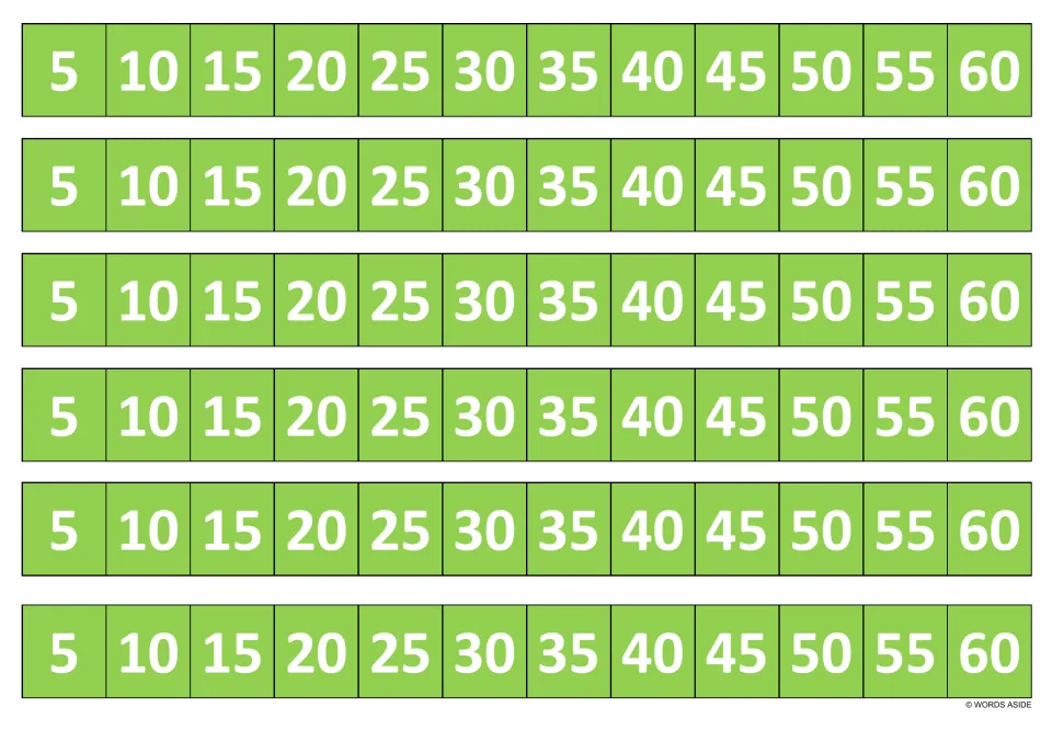 Multiples of 5 in green: six strips listing 5 to 60 in steps of five, used to count by 5s and recall each product