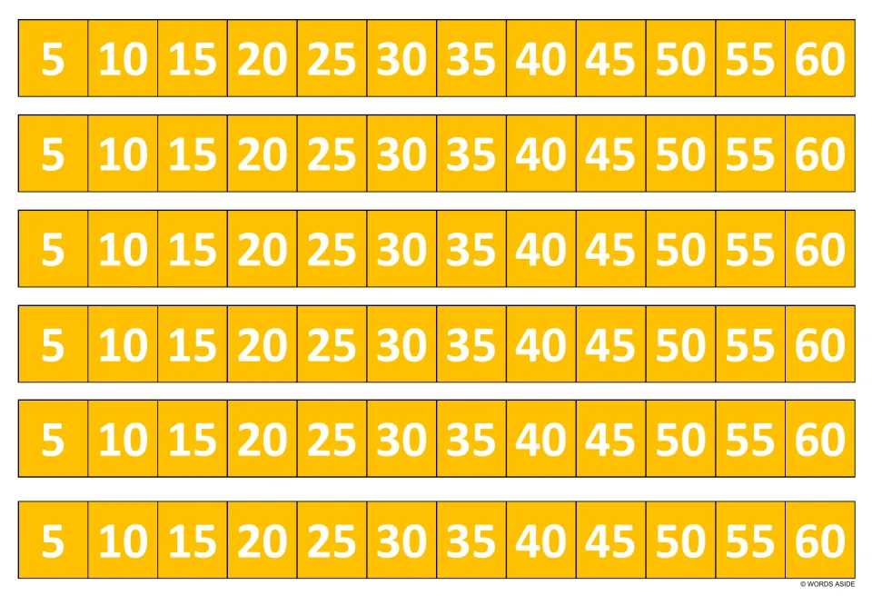 Multiples of 5 in orange: six repeated strips showing 5, 10, 15 on to 60 as a skip-counting aid for the fives facts