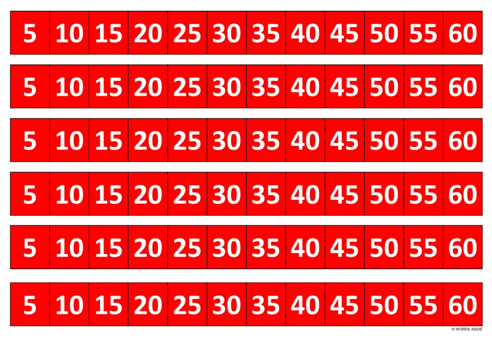 Multiples of 5 in red: six strips of twelve numbers from 5 to 60 counting by fives, for practising 5 times table facts