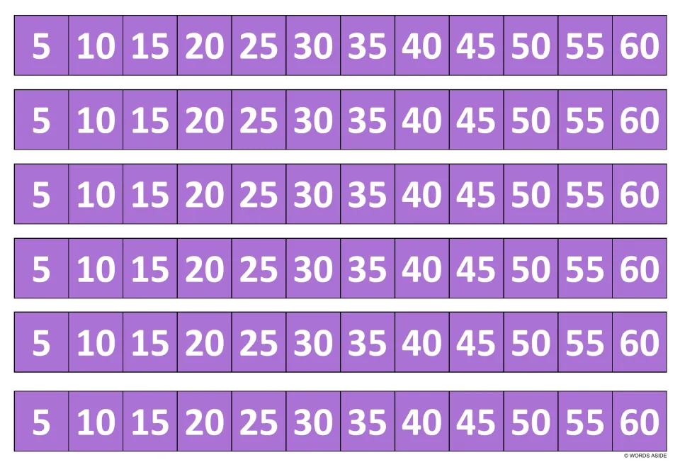 Multiples of 5 in purple: six identical strips numbered 5 through 60 by fives to support counting and writing 5s facts