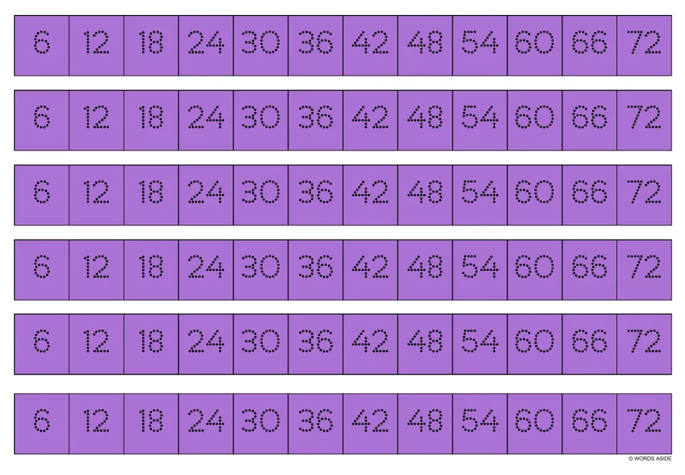 Purple multiplication writing strips: six copies of the dotted multiples of 6, from 6 through 72.
